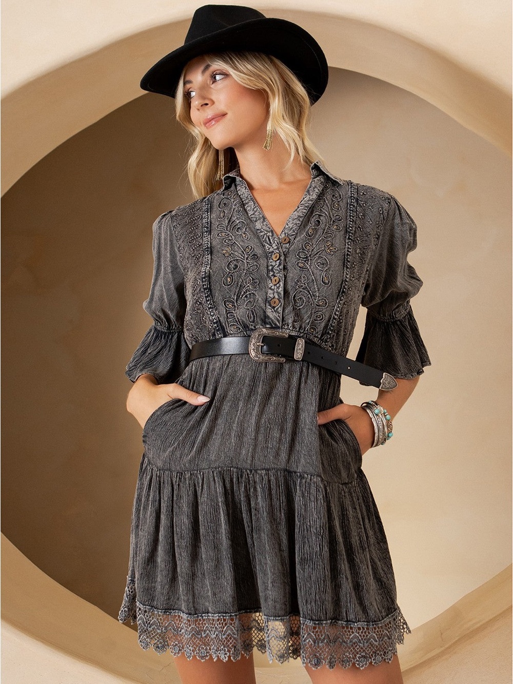 Young Threads Midnight Prairie Embroidered Baby Doll Mini Dress NWT